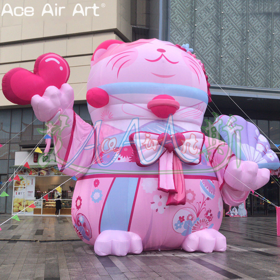 Cute Japanese Jingle Cat Inflatable Pink Cat Cartoon Animal Model Decoration with Kimono and Fan for Pet Shop Advertising