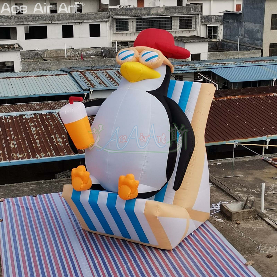 Customized 4.5m H Inflatable Handheld Juice Cup Penguin with Red Cap Cute Beach Penguin Wearing Sunglasses for Business Events