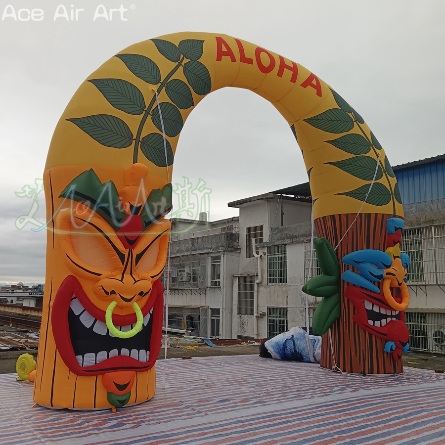Fancy ALOHA Archway Inflatable Tiki Arch with Tiki Stump God Statue Exit Gantry for Hawaii Island Decoration