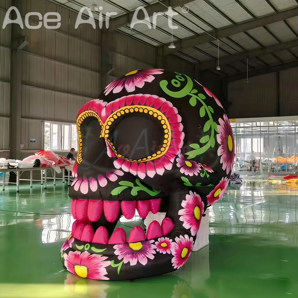 Halloween Giant Inflatable Skeleton Flower Head LED Light Halloween Balloon Skull Model with Unique Flower Pattern