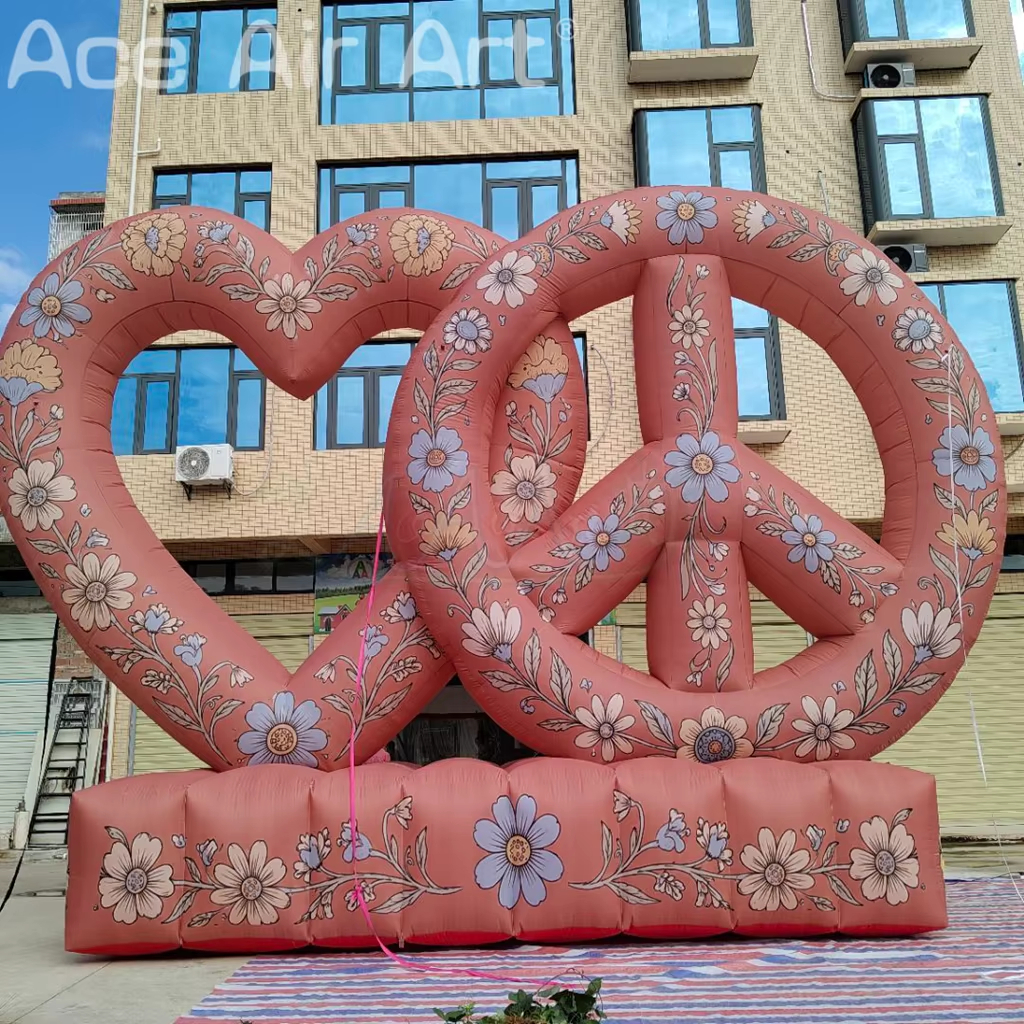 Giant Floral Inflatable Peace Symbol Logo with Heart Decoration Balloon for Wedding Festival Party and Commercial Event Display