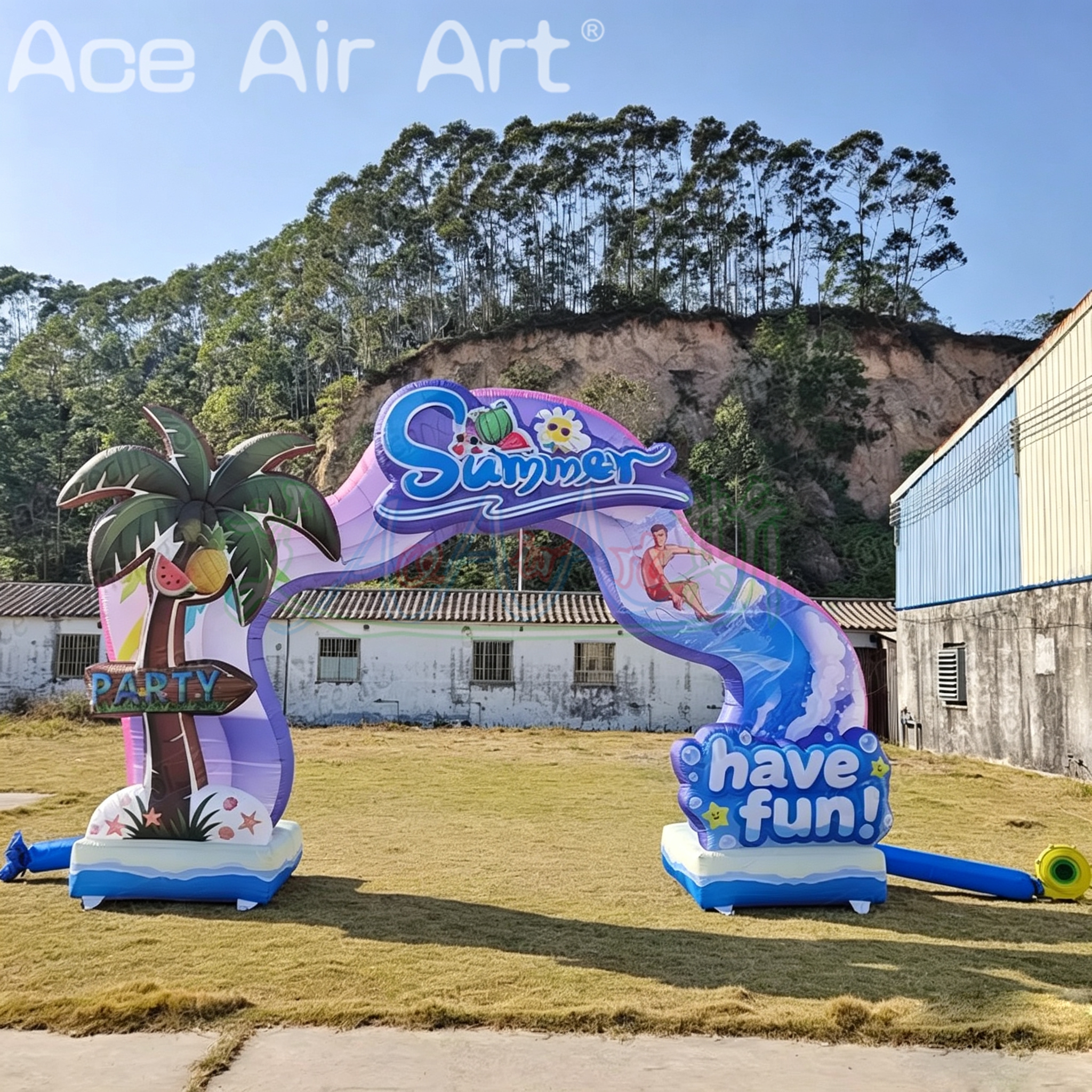 Giant Inflatable Summer Beach Archway with Palm Tree and Surfing Wave for Water Park Entrance Decor