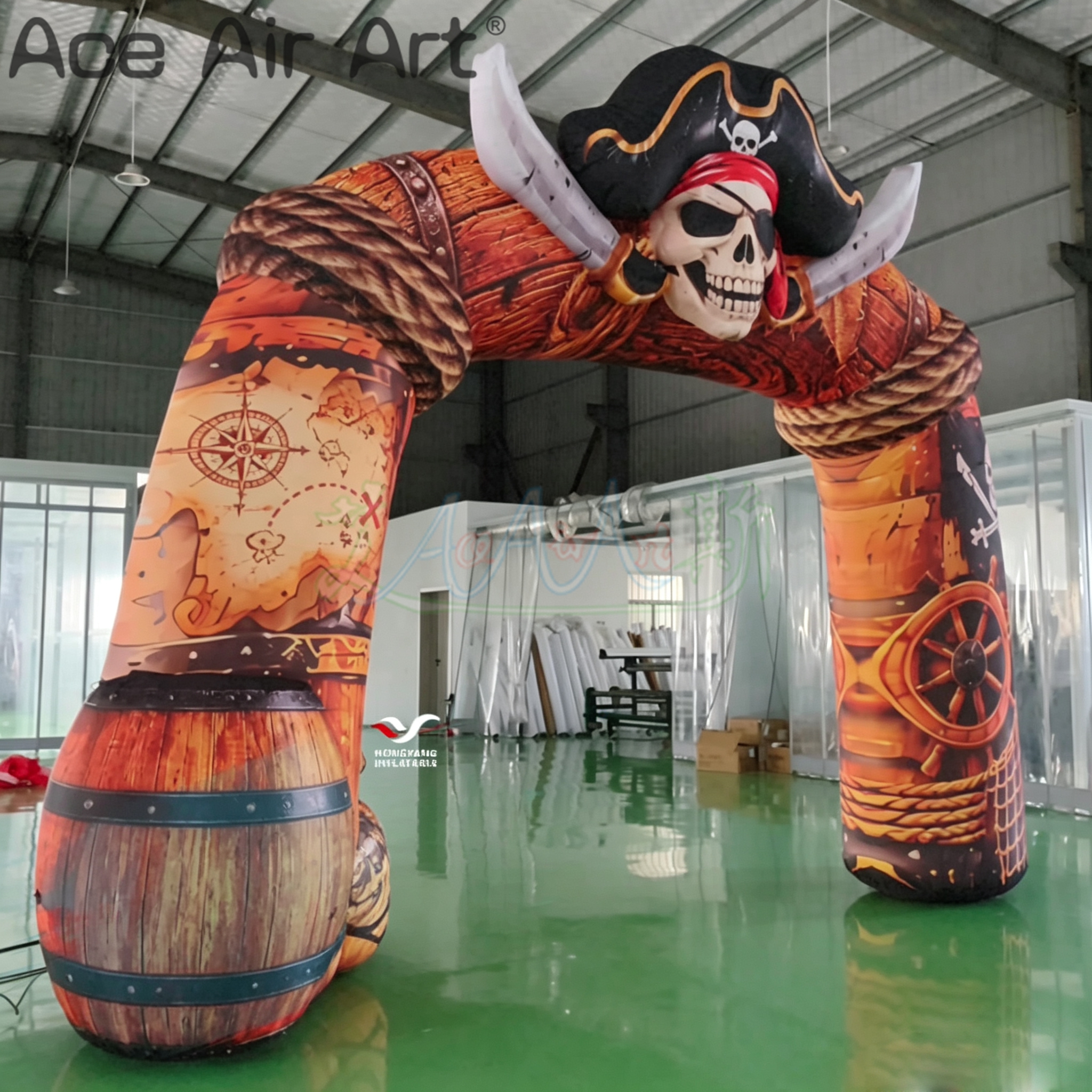 Giant Inflatable Pirate Archway with 3D Skull Cutlass and Rum Barrel for Theme Park Entrance and Halloween Decor